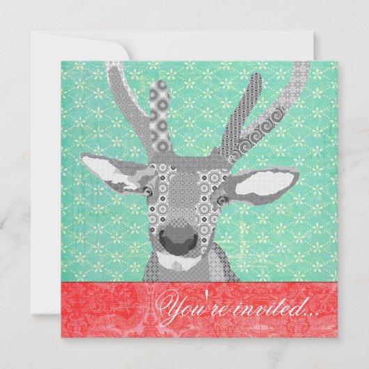 Blak & White Reindeer Turquoise Red Kaart (Voorkant)