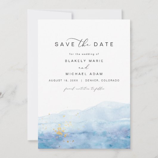 BLAKELY Dusty Blue Waterverf Gold Save the Date Kaart (Voorkant)
