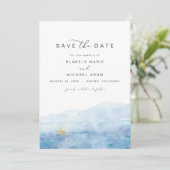 BLAKELY Dusty Blue Waterverf Gold Save the Date Kaart (Staand voorkant)