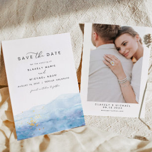 BLAKELY Dusty Blue Waterverf Gold Save the Date Kaart