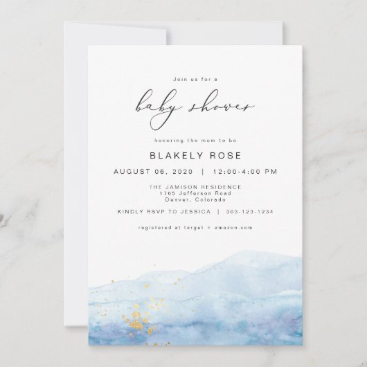 BLAKELY Ocean Blue Waterverf Gold Baby shower Kaart (Voorkant)
