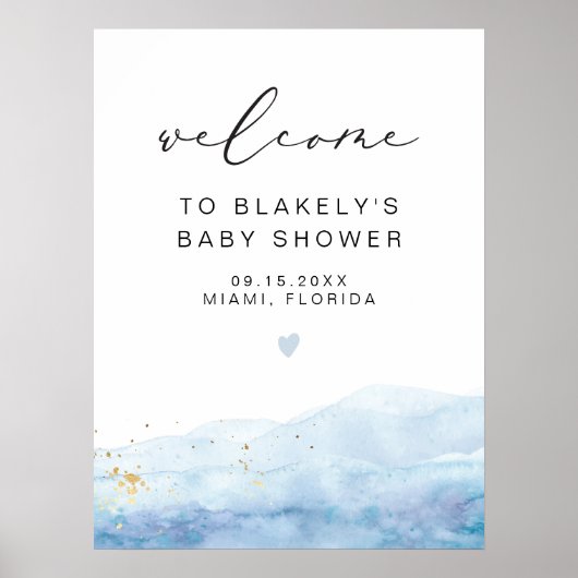 BLAKELY Sky Blue Waterverf Gold Fleck Baby shower Poster (Voorkant)