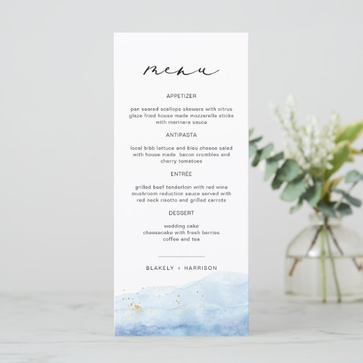 BLAKELY Stofblauw Waterverf Strand Bruiloftsmenu Menu (Staand voorkant)