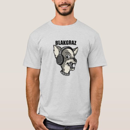 Blakgraz Lucy the Dog met Headphones T-Shirt (Voorkant)