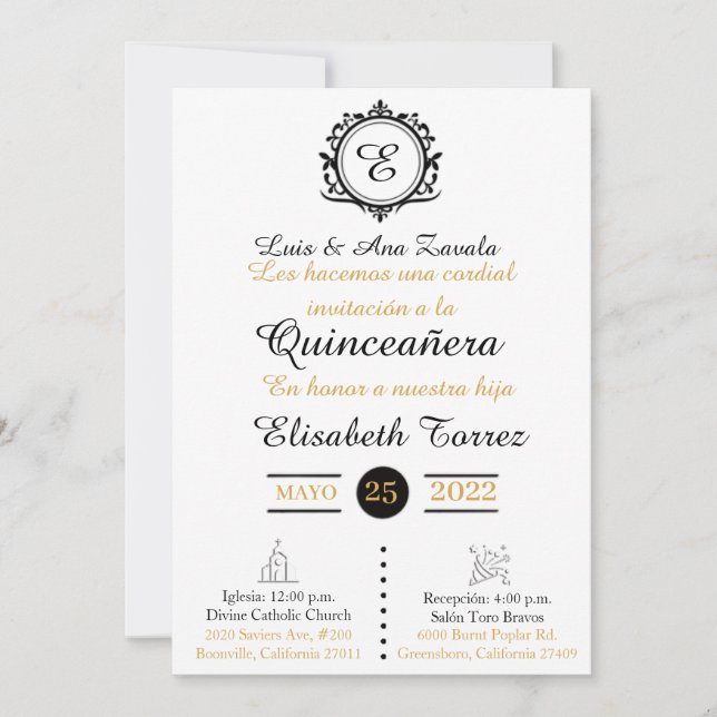 Blan  oro  invitations for quinceañera elegante  (Voorkant)