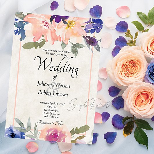 Blanco budget Oranje en blauw florale bruiloft Uit Kaart