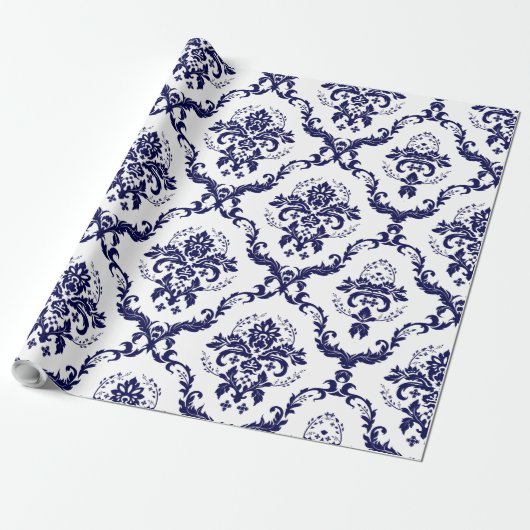 Blanco en marineblauw Floral Damaskers Cadeaupapier (Uitgerold)