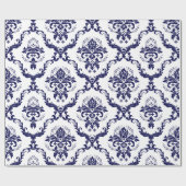 Blanco en marineblauw Floral Damaskers Cadeaupapier (Vlak)