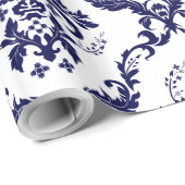 Blanco en marineblauw Floral Damaskers Cadeaupapier (Rol Hoek)