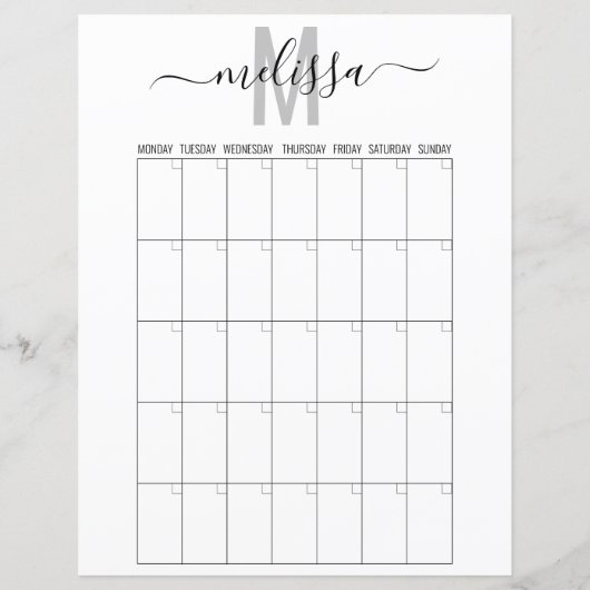 Blanco maand monogram planningsschema agenda (Achterkant)