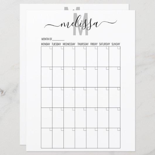 Blanco maand monogram planningsschema agenda (Voorkant / Achterkant)
