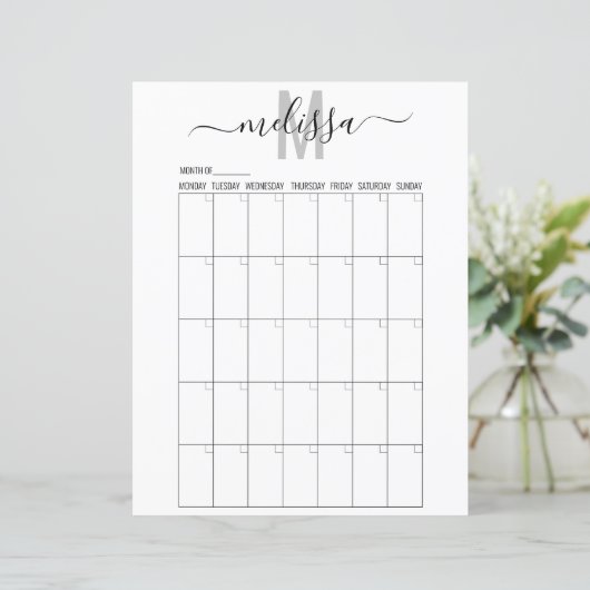 Blanco maand monogram planningsschema agenda (Staand voorkant)