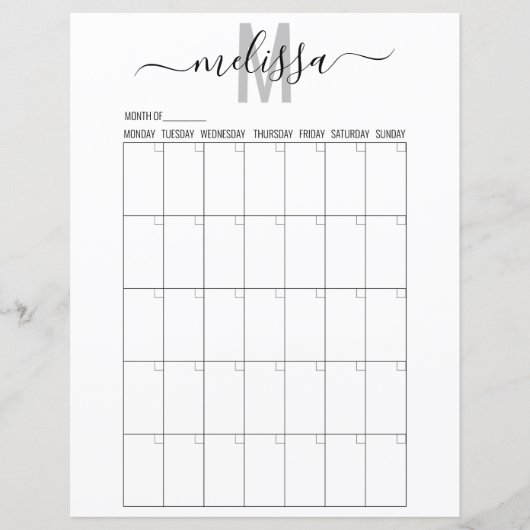 Blanco maand monogram planningsschema agenda (Voorkant)