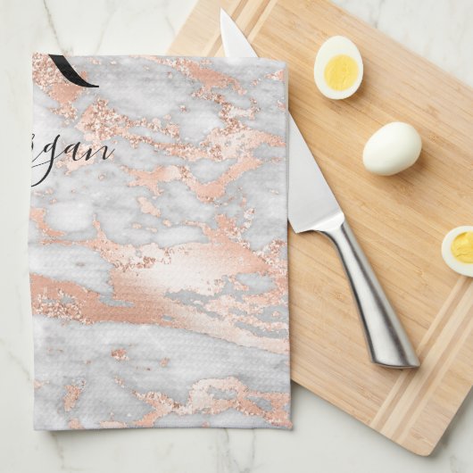 Blanco naam/Monogram wit/Roos Gold marmer Glitter Theedoek (Quarter Fold)