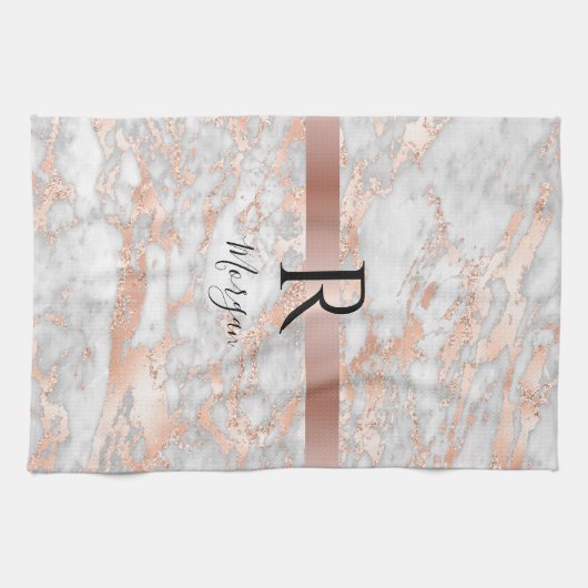 Blanco naam/Monogram wit/Roos Gold marmer Glitter  Theedoek (Horizontaal)