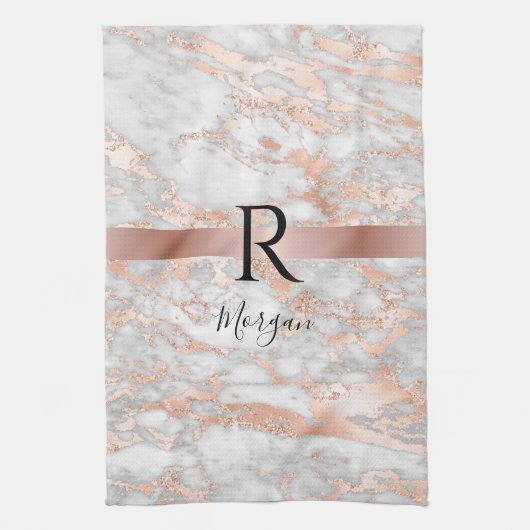 Blanco naam/Monogram wit/Roos Gold marmer Glitter  Theedoek (Verticaal)