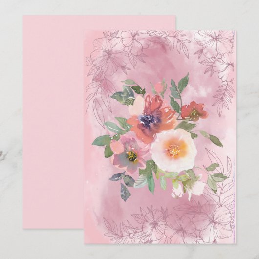 Blanco  roze Waterverven bloemen Aankondiging (Voorkant / Achterkant)