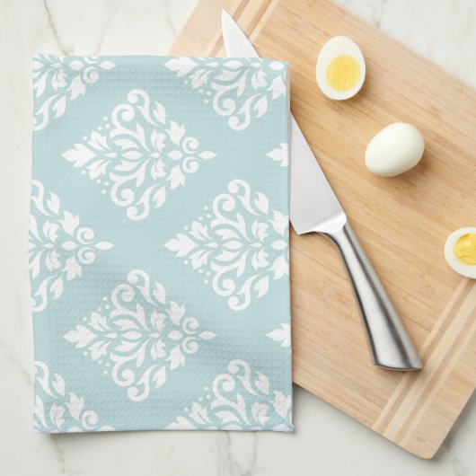 Blanco scroller Damask Ptn (2) op Eendagblauw (B) Theedoek (Quarter Fold)