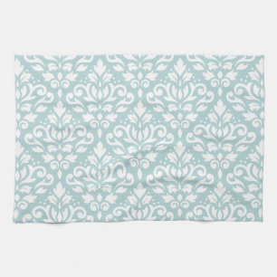 Blanco scroller Damask Ptn op Duck Egg Blue (B) Theedoek