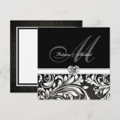 Blanco zwarte en witte Damask Monogram Invitaties Kaart (Voorkant / Achterkant)