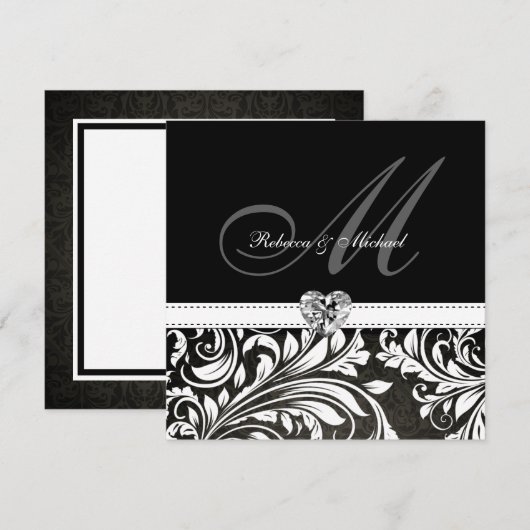 Blanco zwarte en witte Damask Monogram Invitaties Kaart (Voorkant / Achterkant)