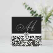 Blanco zwarte en witte Damask Monogram Invitaties Kaart (Staand voorkant)