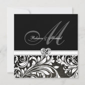 Blanco zwarte en witte Damask Monogram Invitaties Kaart (Voorkant)