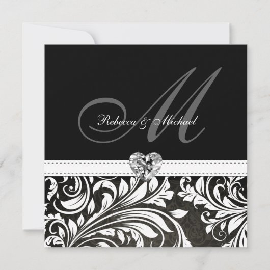 Blanco zwarte en witte Damask Monogram Invitaties Kaart (Voorkant)