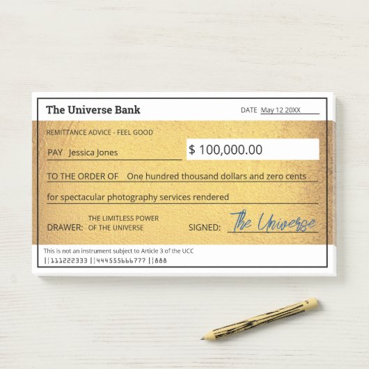 Blank Check Gold Wet van Attractie Manifestatie Post-it® Notes (Op bureau)