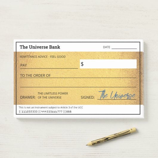 Blank Check Gold Wet van Attractie Overvloed Post-it® Notes (Op bureau)