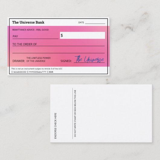 Blank Check Pink Aura Wet van aantrekkingskracht O Visitekaartje (Voorkant / Achterkant)