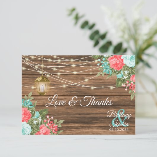 Blank - Hout, Lantaarn en Blauwgroen, Koraal Bloem Bedankkaart (Staand voorkant)