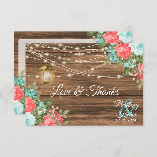Blank - Hout, Lantaarn en Blauwgroen, Koraal Bloem Bedankkaart (Voorkant / Achterkant)