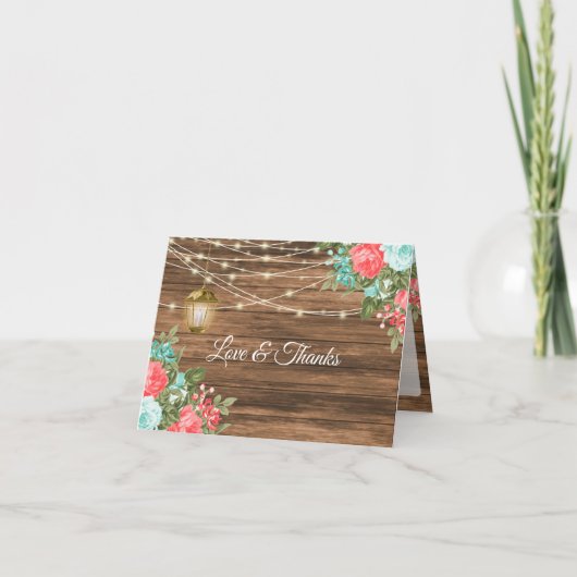Blank - Hout, Lantaarn en Teal, Koraal Bloemmotief Bedankkaart (Voorkant)