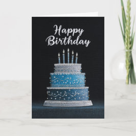 BLANK INSIDE: Blue & Silver Birthday Cake Design Kaart