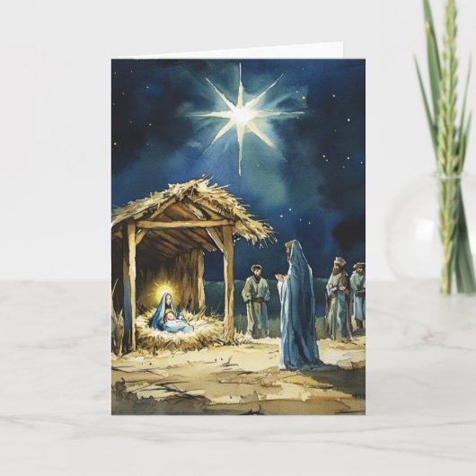 Blank Inside | Watercolor Kerststal Scene Kaart (Voorkant)