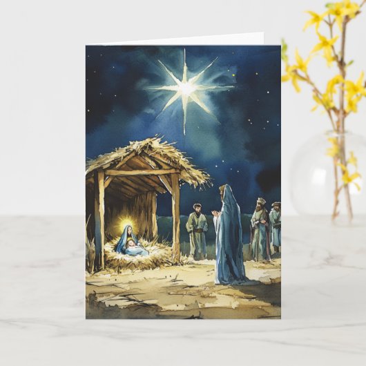 Blank Inside | Watercolor Kerststal Scene Kaart (Gele Bloem)