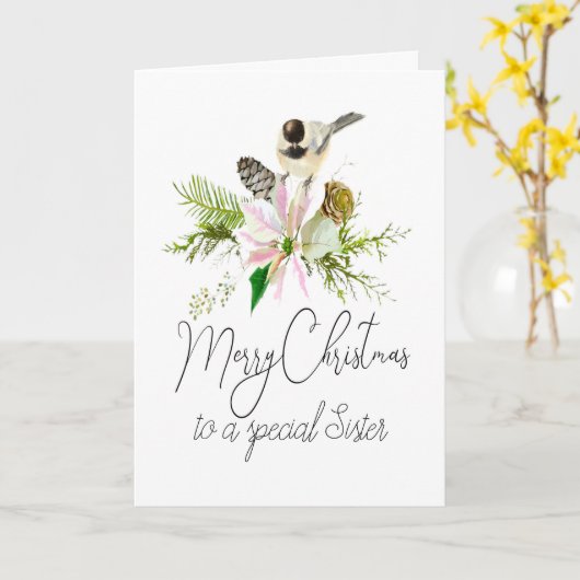 Blank kerstcichorei Bird Pointsettia zuster Kaart (Gele Bloem)