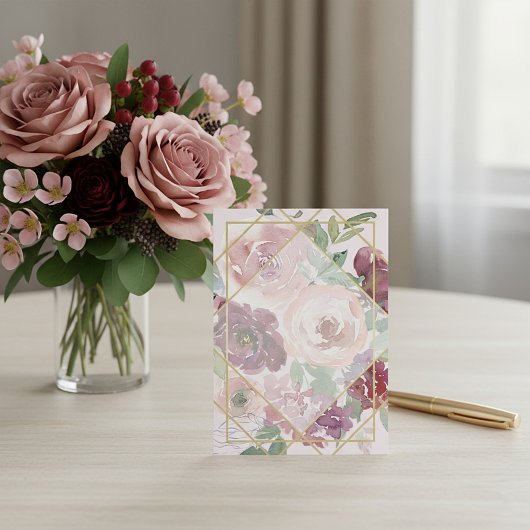 Blank roze bloem- en gouden geometrische trouw kaart