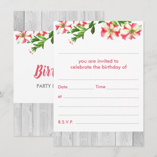 Blank Rustieke Waterverf Trailing Petunias Verjaar Kaart (Voorkant / Achterkant)