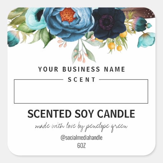 Blank Scented Soy Candle Labels With Blue Flowers (Voorkant)