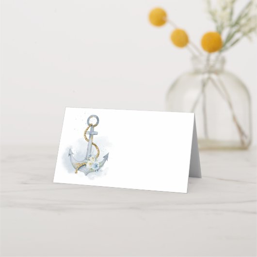 Blank Sjabloon Dusty Blue Floral Anchor Wedding Plaatskaartje (Voorkant)