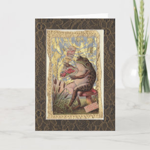 Blank Wenskaart Victoriaans Collage Frog Flowers Kaart