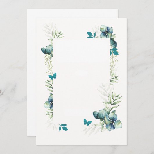 Blanke kaart -blauw groen bloemmotief en vlindermo (Voorkant / Achterkant)