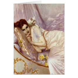 blanke kattenvrouw wit paars zijdebed