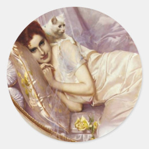 blanke kattenvrouw wit paars zijdebed ronde sticker