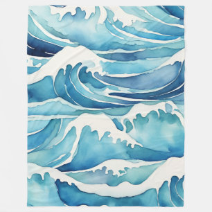 Blanket Ocean Waves Waterverf Blue Beige Coast Fleece Deken