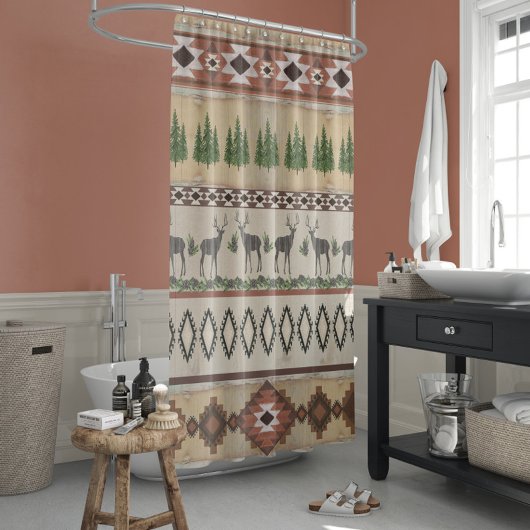 Blanket Pattern Mountain Rustic Lodge Deer Douchegordijn