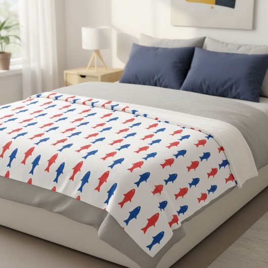 Blanket with red and blue fish, nautical design sherpa deken