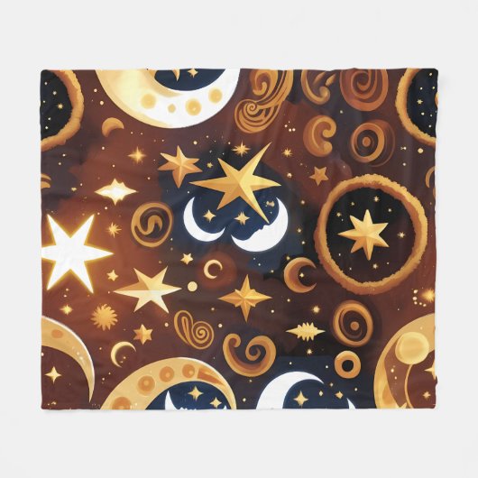 Blankets – Golden Ochre Celestial Moon Pattern Fleece Deken (Voorkant (Horizontaal))